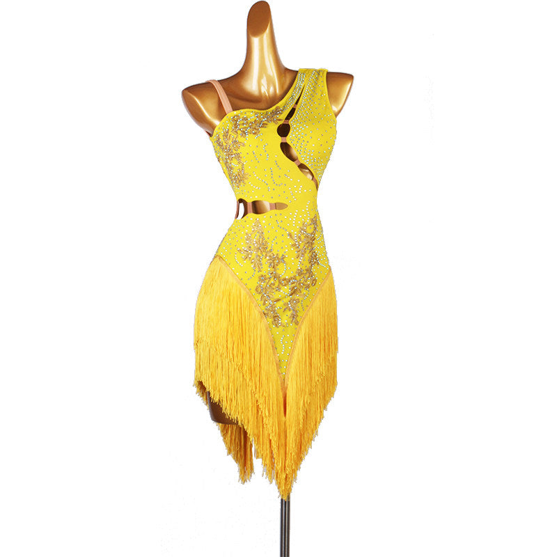 Yellow latin dance dress with ladder cutouts and diagonal tassel fringe