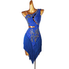 Blue latin dance dress with crystal ladder cutouts and fringe hem