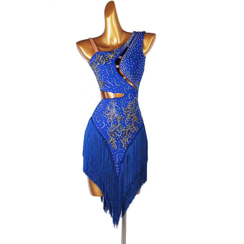 Blue latin dance dress with crystal ladder cutouts and fringe hem