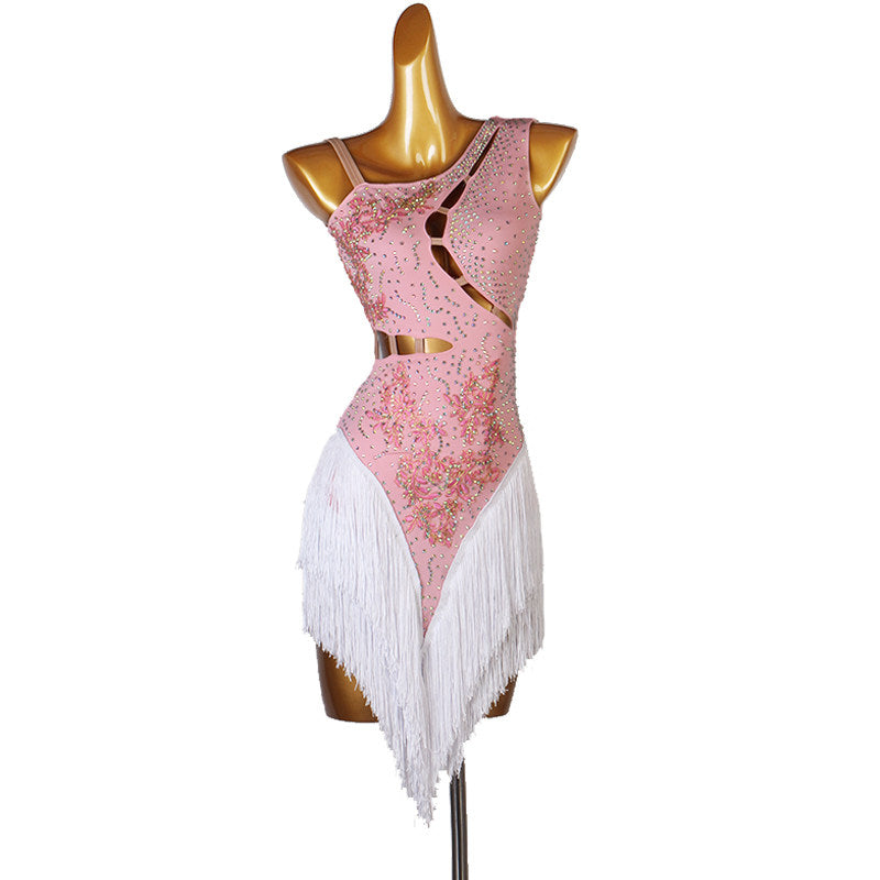Pink latin dance dress with ladder cutout waist and diagonal fringe