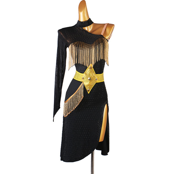 Black latin dance dress with gold bugle fringe shoulder and wide gold belt