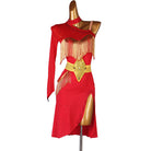 Red latin dance dress with gold bugle fringe shoulder and star belt plate