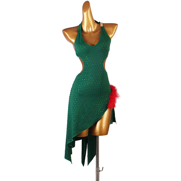 Green latin dance dress with all over stones and red feather trim at the hip