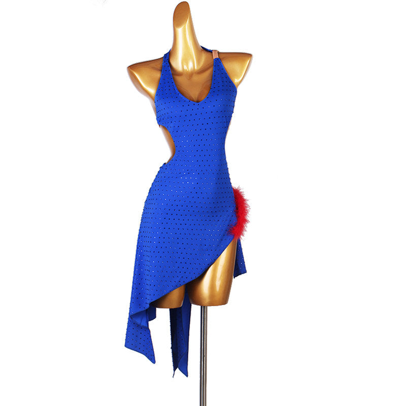 Blue latin dance dress with all over stones and pointed asymmetric hem