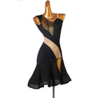 Black latin dance dress with curved nude mesh panel and gold shoulder fringe