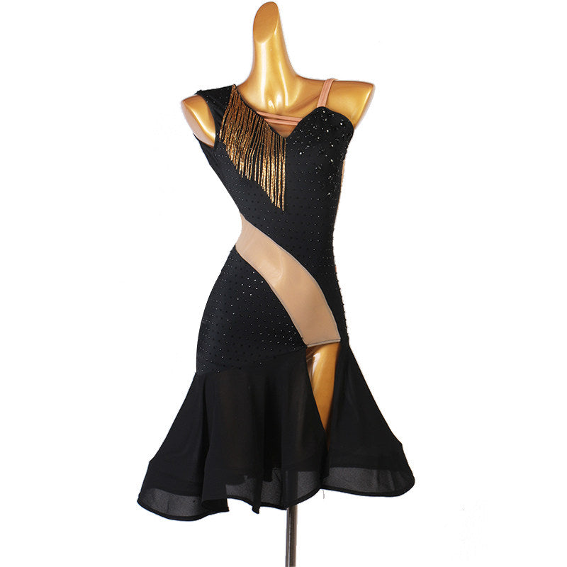 Black nude panel latin dance dress angled view with the flared hem