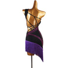 Black latin dance dress with stone curve and purple asymmetric fringe hem