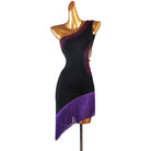 Black and purple latin dance dress rear view showing the crossed strap back