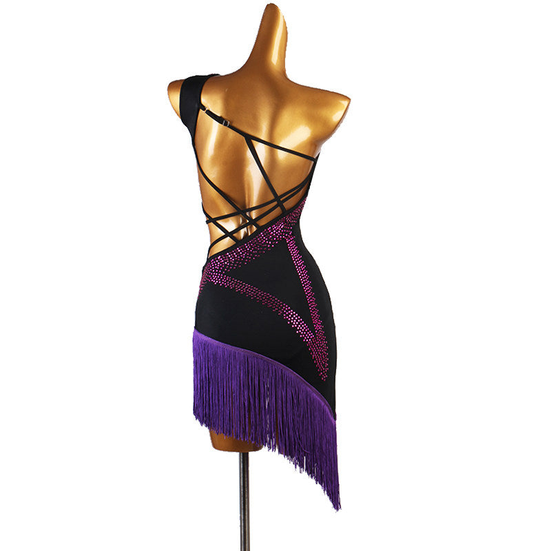 Black and purple latin dance dress angled view with the fringe hem