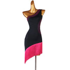 Black latin dance dress with rose red fringe hem and stone set curve