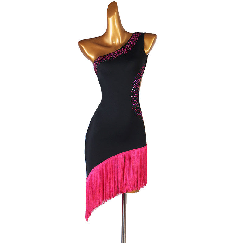 Black latin dance dress with rose red fringe hem and stone set curve