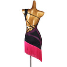 Black and rose red latin dance dress rear view with the crossed straps