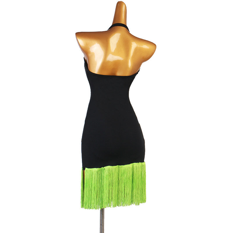 Black halter latin dance dress angled view showing the plain bodice