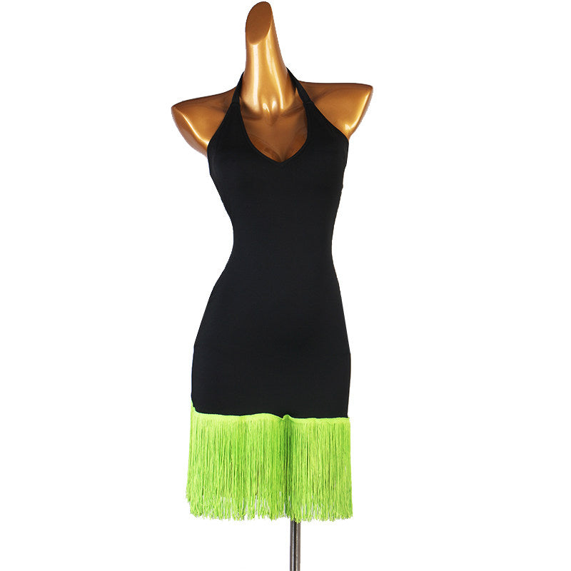 Black halter latin dance dress side view with the neon fringe band