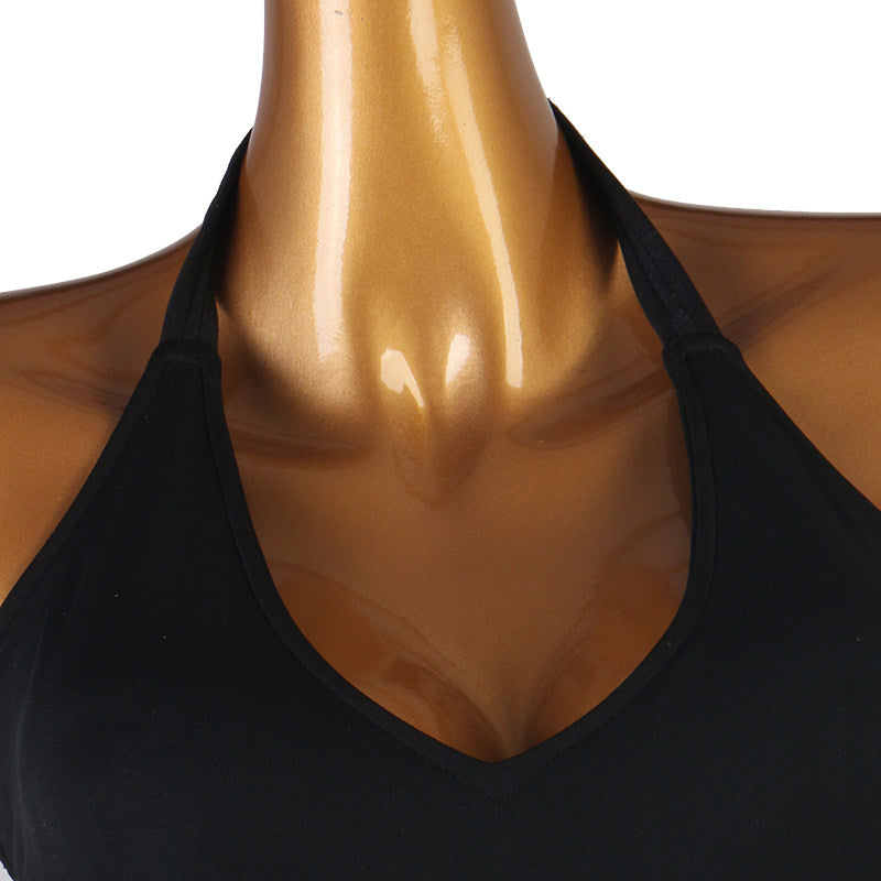 Close view of the deep V halter neckline