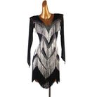 Black latin dance dress with three silver fringe chevrons edged in crystals