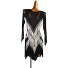 Black silver fringe latin dance dress front view showing the mesh sleeves