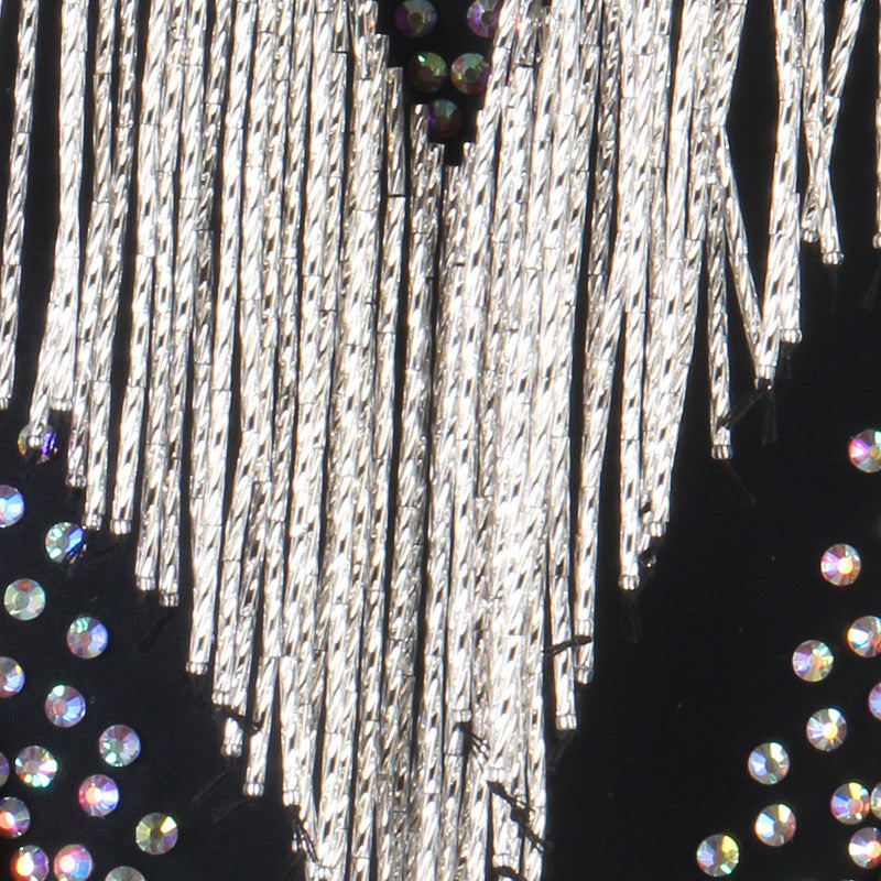 Close view of the silver fringe strands over the crystal edging