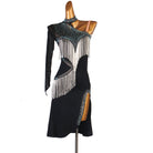 Black latin dance dress with crystal yoke, one long sleeve and silver fringe panel