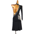 Black one sleeve latin dance dress rear view showing the open back