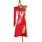 Red latin dance dress with crystal yoke and silver fringe front panel