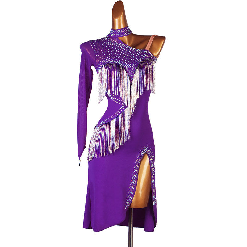Purple latin dance dress with one long sleeve and silver fringe panel