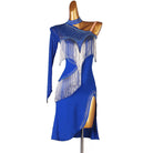 Blue latin dance dress with crystal yoke and silver fringe panel