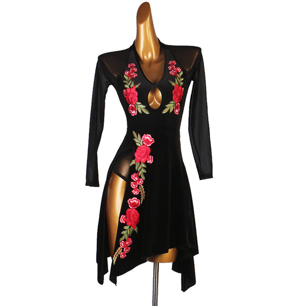 Black velvet latin dance dress with embroidered rose vine and pointed hem