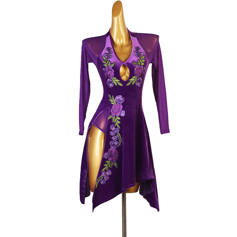 Purple velvet latin dance dress with embroidered rose vine up the front