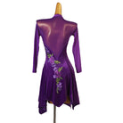 Purple velvet latin dance dress rear view with the pointed hem points