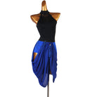Black latin dance dress with high neck bodice and blue gathered drape skirt
