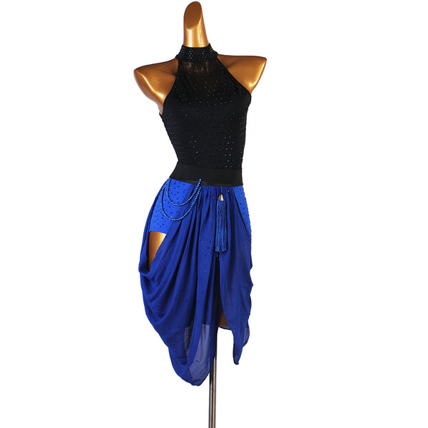 Black latin dance dress with high neck bodice and blue gathered drape skirt