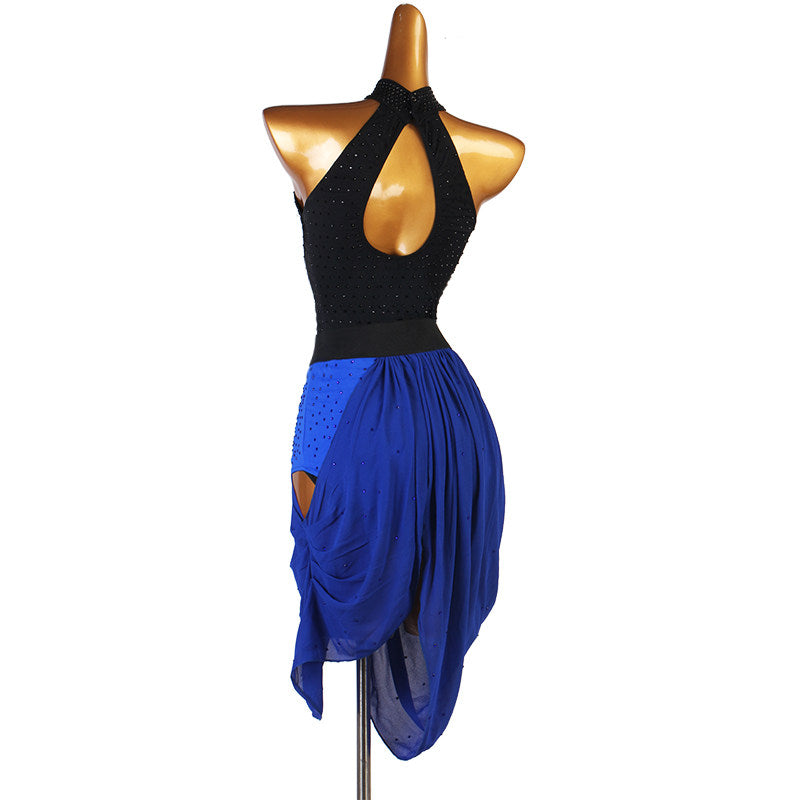 Black and blue latin dance dress rear view showing the keyhole back