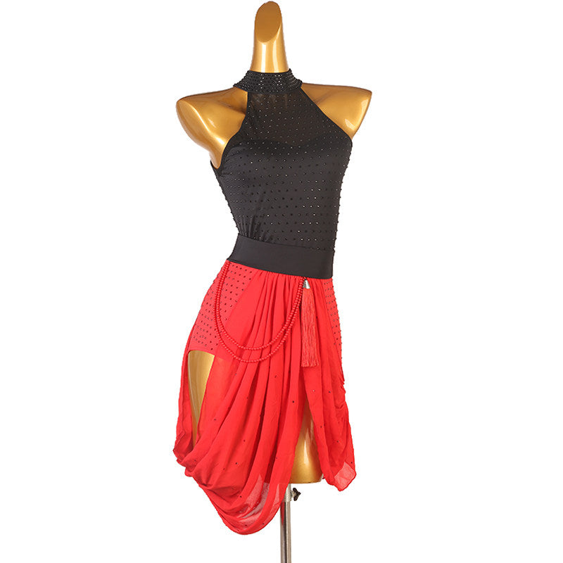 Black and red latin dance dress front view showing the draped hem heights
