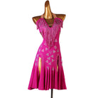 Rose pink latin dance dress with stone triangle motifs and neckline fringe