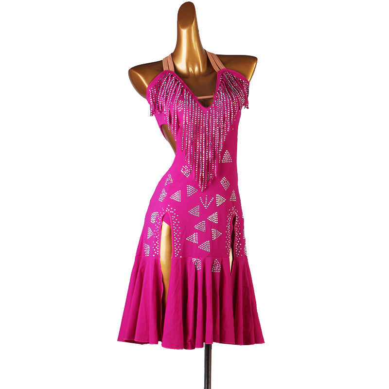 Rose pink latin dance dress side view showing the flared skirt