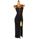 Black camisole latin dance dress with mesh centre panel and high slit skirt