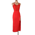 Red camisole latin dance dress with mesh centre panel and long skirt