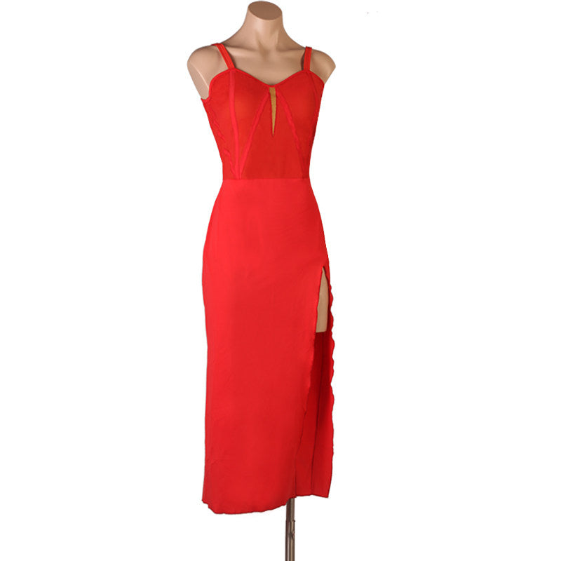 Red camisole latin dance dress with mesh centre panel and long skirt