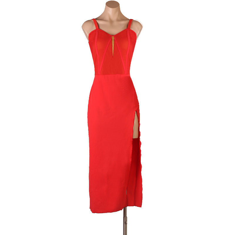 Red camisole latin dance dress angled view showing the front slit