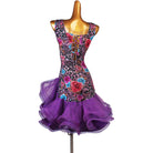 Rose leopard print latin dance dress with purple curled organza skirt