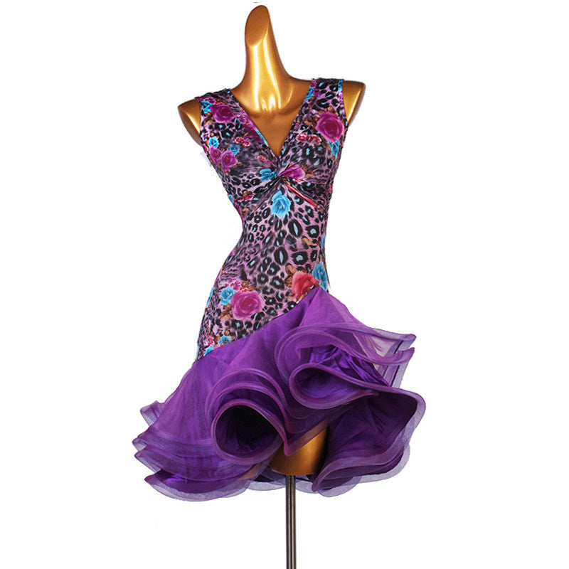 Rose leopard print latin dance dress rear view with the purple organza layers