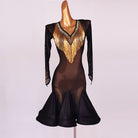 Black latin dance dress with sheer mesh torso and gold bugle fringe yoke