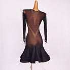 Black sheer body latin dance dress rear view showing the gold stud scatter