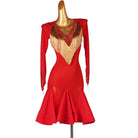 Red latin dance dress with gold bugle fringe yoke and flared skirt