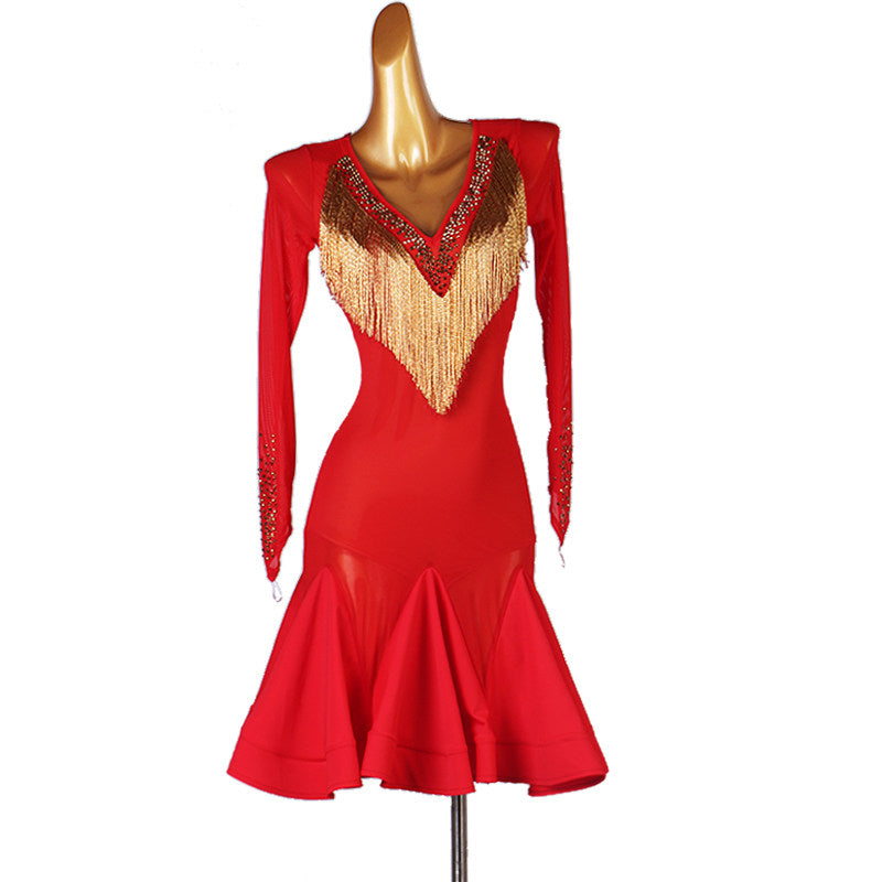 Red latin dance dress with gold bugle fringe yoke and flared skirt