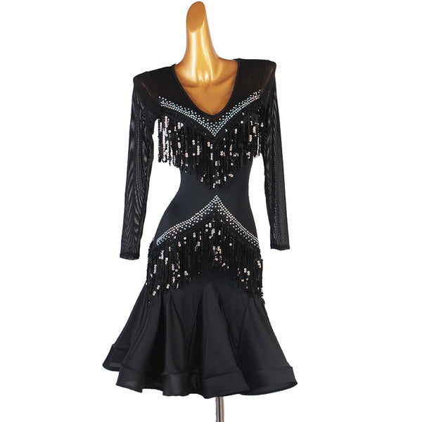 Black latin dance dress with crystal edged sequin fringe rows and flared skirt