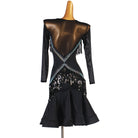Black sequin fringe latin dance dress rear view showing the crossed bands