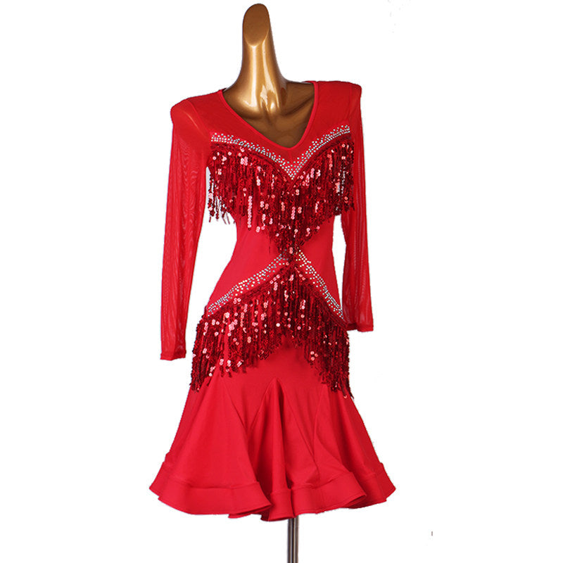 Red latin dance dress with sequin fringe rows and crystal edging