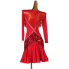 Red sequin fringe latin dance dress rear view with the crossed back bands
